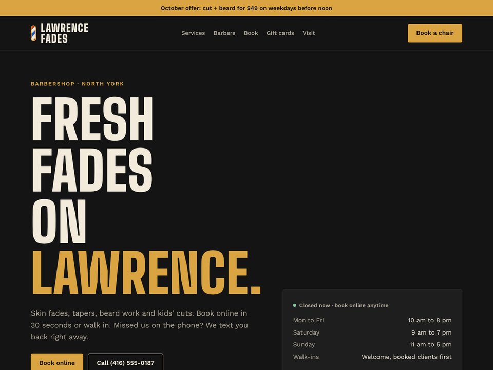 Homepage of Lawrence Fades, a demo website for a North York barbershop